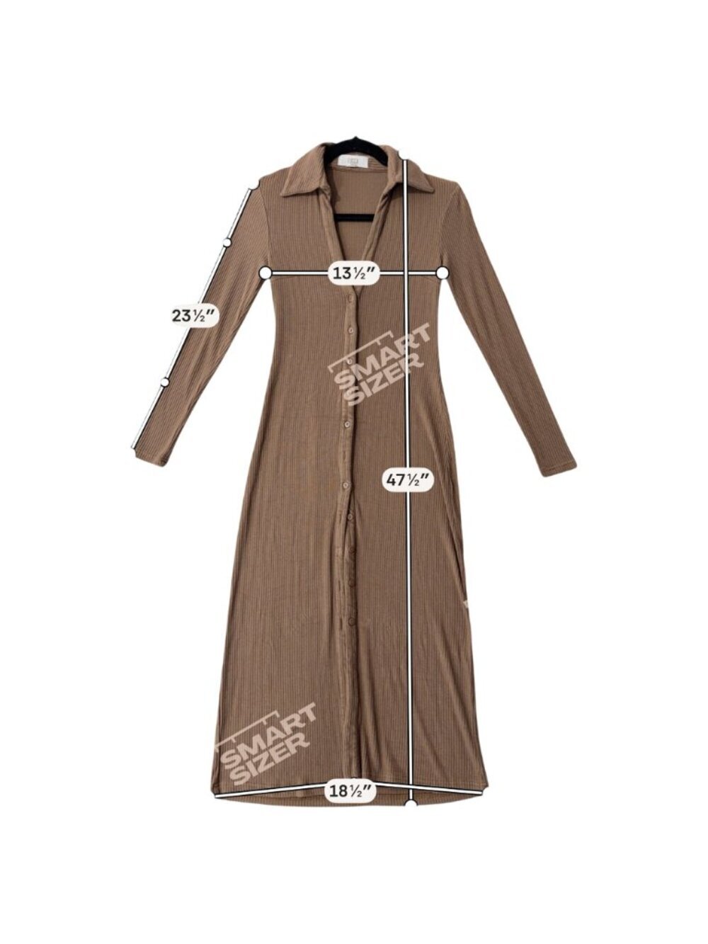 Lucca Brown Ribbed Long Sleeve Button-Down Midi Dress With Collared Neckline S - Picture 8 of 14